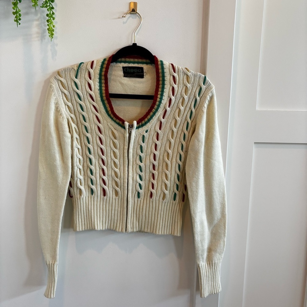 Chego International 70's Vintage Cream Cable Knit Zip Up Women's Sweater Size S